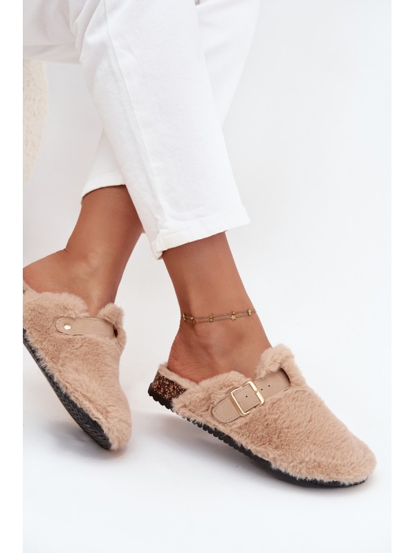 Furry Women's Platform Slides with Strap and Buckle Beige Noraline