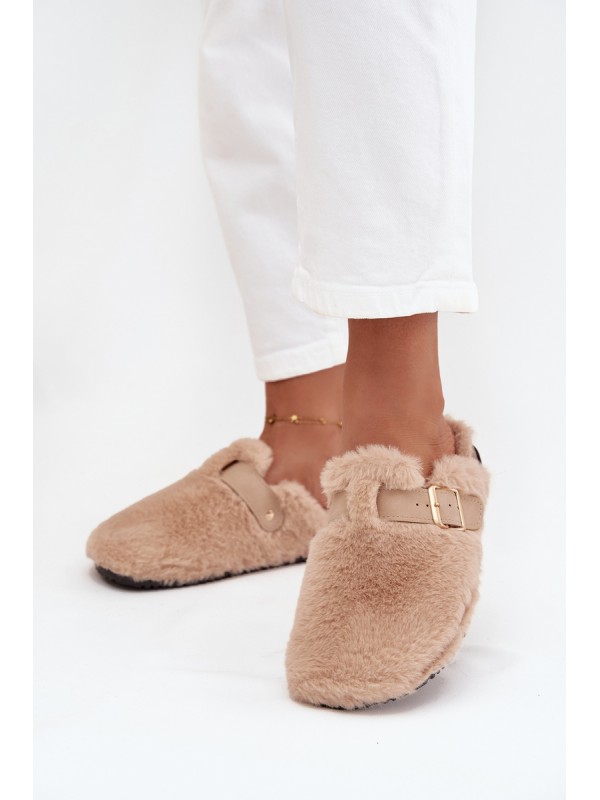 Furry Women's Platform Slides with Strap and Buckle Beige Noraline