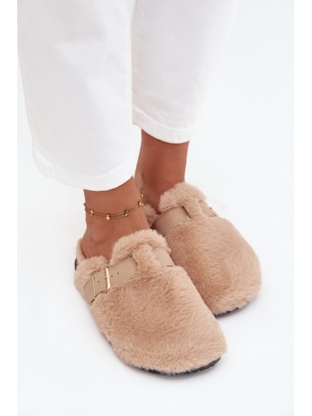 Furry Women's Platform Slides with Strap and Buckle Beige Noraline