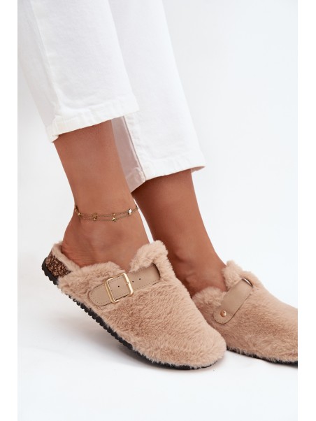 Furry Women's Platform Slides with Strap and Buckle Beige Noraline