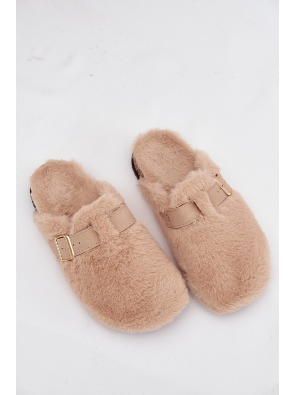 Furry Women's Platform Slides with Strap and Buckle Beige Noraline