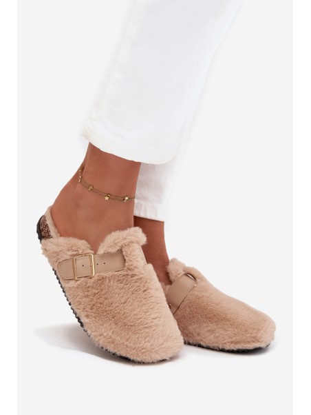 Furry Women's Platform Slides with Strap and Buckle Beige Noraline