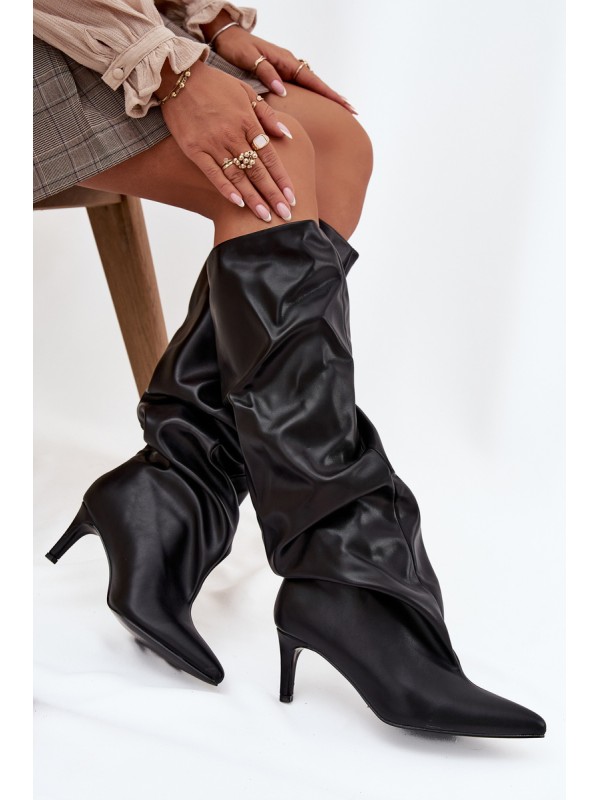 Women's High Heel Ankle Boots Slip-On With Gathering Black Rosivine