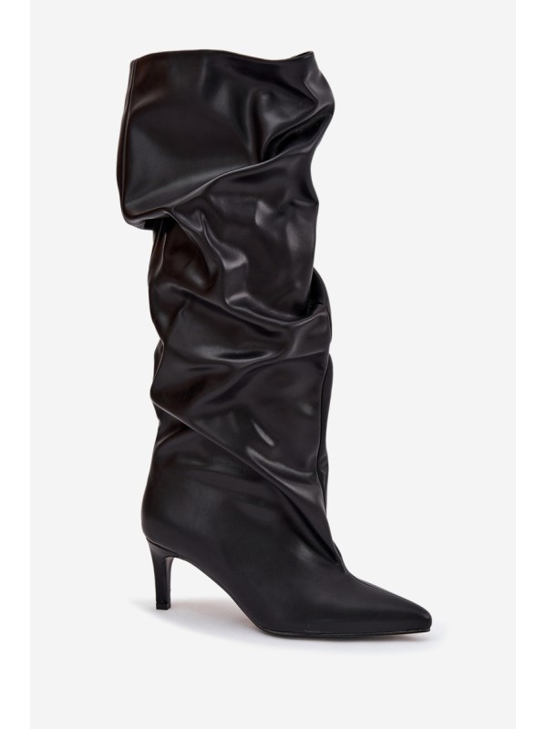 Women's High Heel Ankle Boots Slip-On With Gathering Black Rosivine