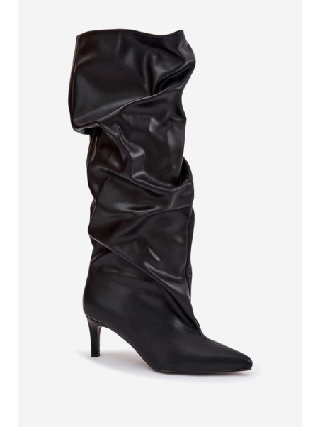 Women's High Heel Ankle Boots Slip-On With Gathering Black Rosivine