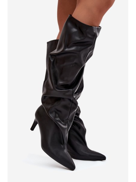 Women's High Heel Ankle Boots Slip-On With Gathering Black Rosivine