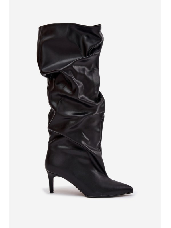 Women's High Heel Ankle Boots Slip-On With Gathering Black Rosivine