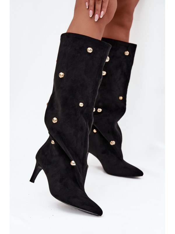 Slip-on Women's Boots on Heel with Golden Decorations Black Thaliane