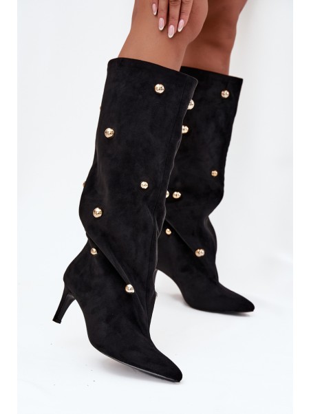 Slip-on Women's Boots on Heel with Golden Decorations Black Thaliane