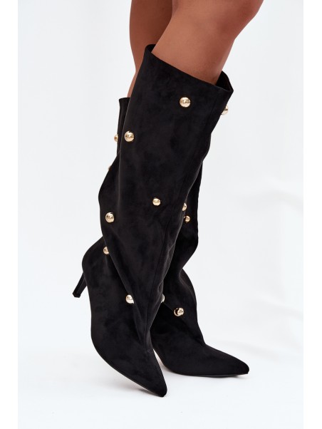 Slip-on Women's Boots on Heel with Golden Decorations Black Thaliane