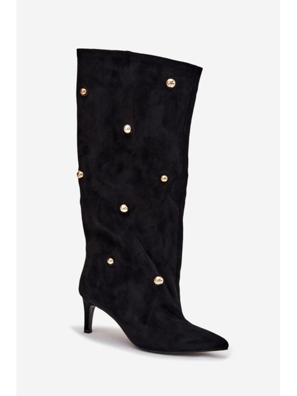 Slip-on Women's Boots on Heel with Golden Decorations Black Thaliane