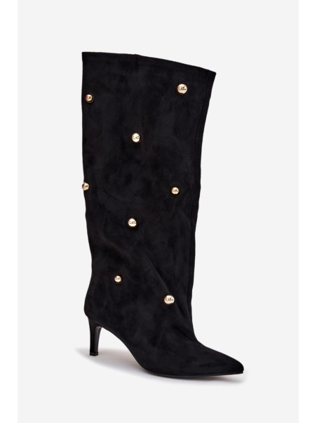 Slip-on Women's Boots on Heel with Golden Decorations Black Thaliane