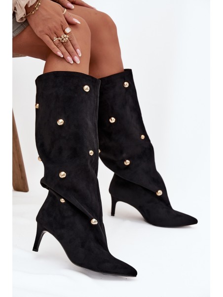 Slip-on Women's Boots on Heel with Golden Decorations Black Thaliane