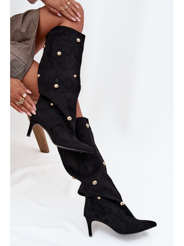 Slip-on Women's Boots on Heel with Golden Decorations Black Thaliane