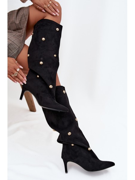 Slip-on Women's Boots on Heel with Golden Decorations Black Thaliane
