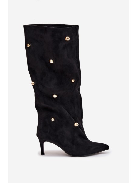 Slip-on Women's Boots on Heel with Golden Decorations Black Thaliane