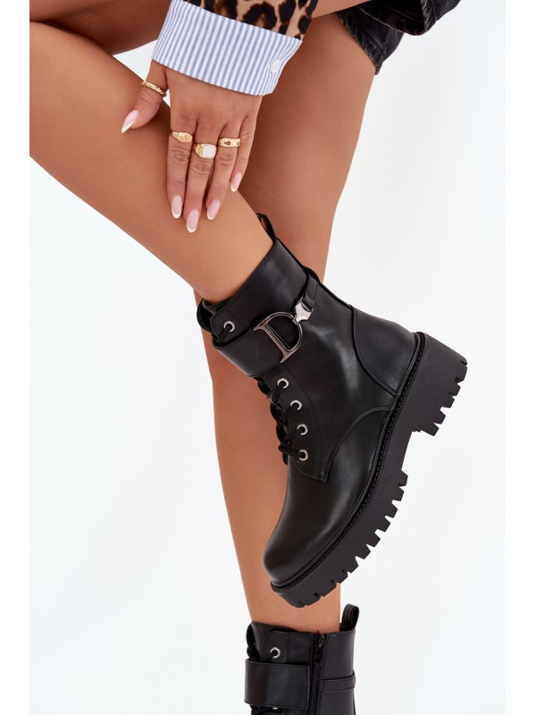 Women's Workery Boots With Lining With Decorative Strap Black Ulivine