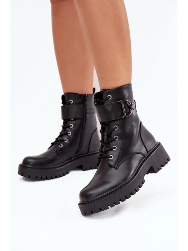Women's Workery Boots With Lining With Decorative Strap Black Ulivine 2