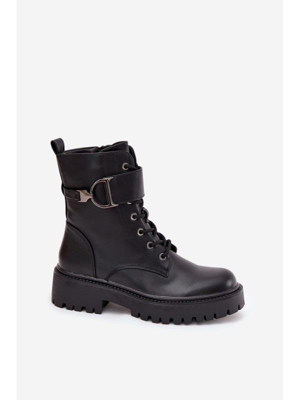 Women's Workery Boots With Lining With Decorative Strap Black Ulivine