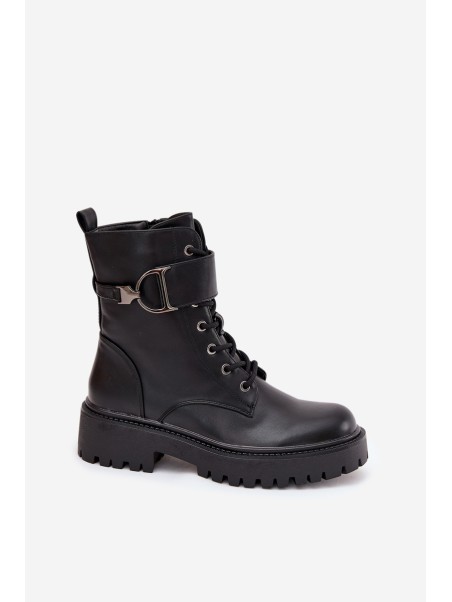 Women's Workery Boots With Lining With Decorative Strap Black Ulivine