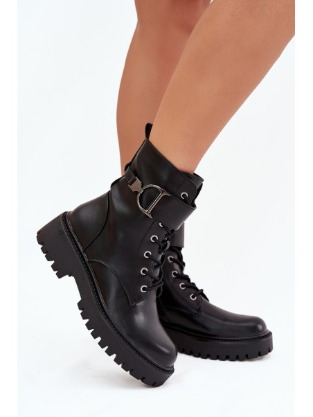 Women's Workery Boots With Lining With Decorative Strap Black Ulivine