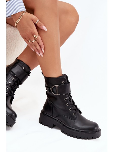 Women's Workery Boots With Lining With Decorative Strap Black Ulivine