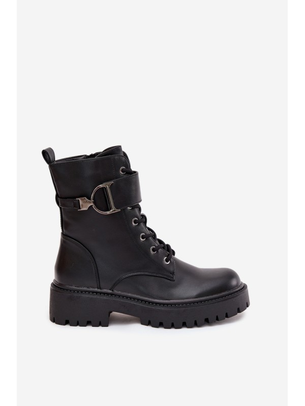 Women's Workery Boots With Lining With Decorative Strap Black Ulivine