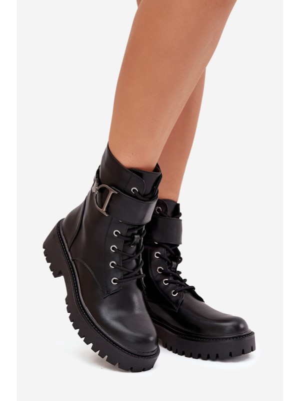 Women's Workery Boots With Lining With Decorative Strap Black Ulivine