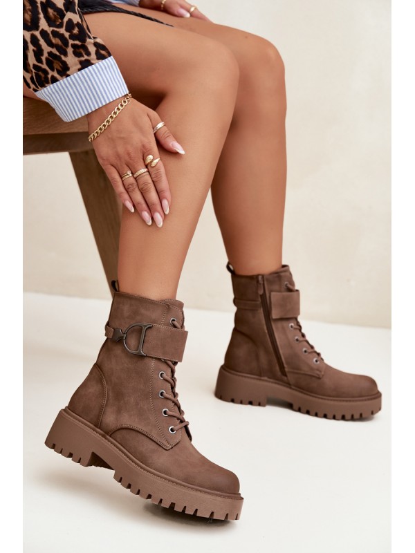 Women's Workery Boots with Lining with Decorative Strap Dark Beige Ulivine