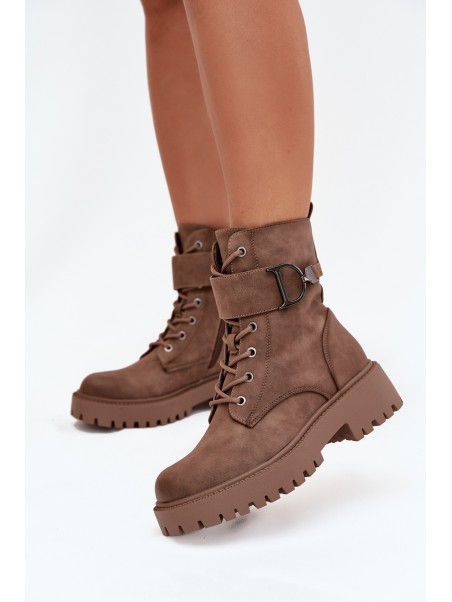 Women's Workery Boots with Lining with Decorative Strap Dark Beige Ulivine