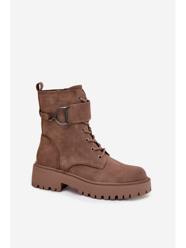 Women's Workery Boots with Lining with Decorative Strap Dark Beige Ulivine