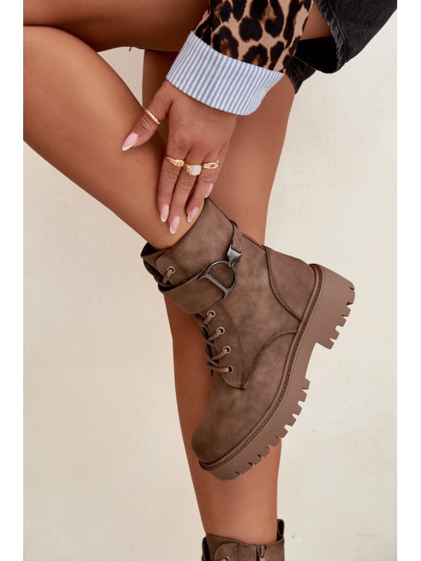 Women's Workery Boots with Lining with Decorative Strap Dark Beige Ulivine
