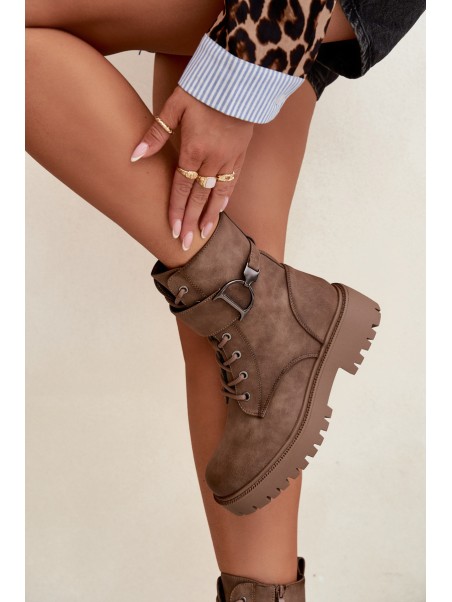 Women's Workery Boots with Lining with Decorative Strap Dark Beige Ulivine