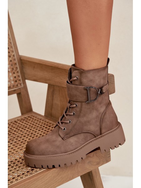 Women's Workery Boots with Lining with Decorative Strap Dark Beige Ulivine