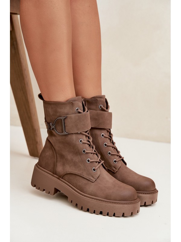 Women's Workery Boots with Lining with Decorative Strap Dark Beige Ulivine