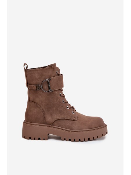 Women's Workery Boots with Lining with Decorative Strap Dark Beige Ulivine