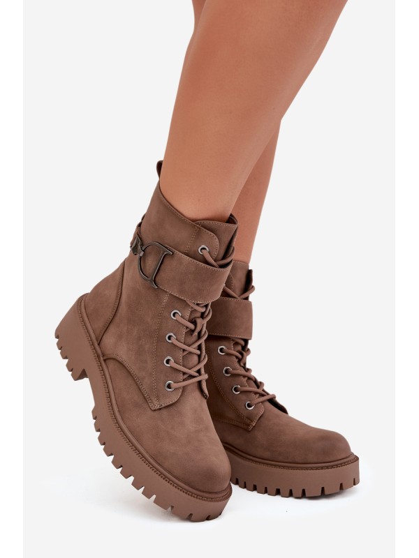 Women's Workery Boots with Lining with Decorative Strap Dark Beige Ulivine