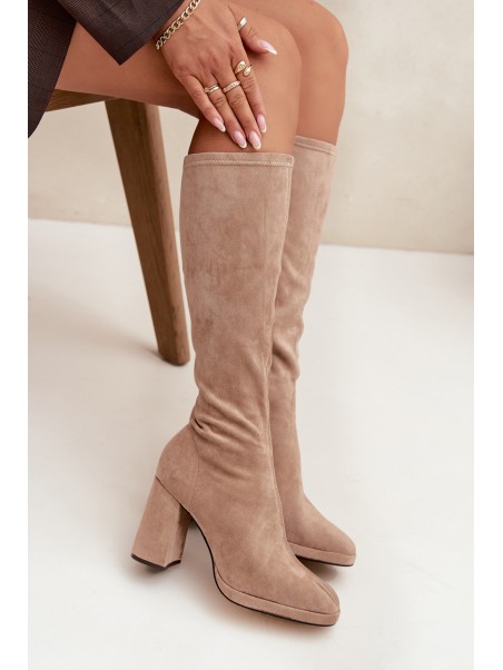 Women's Boots with Stitching on Block Heel Beige Brivana