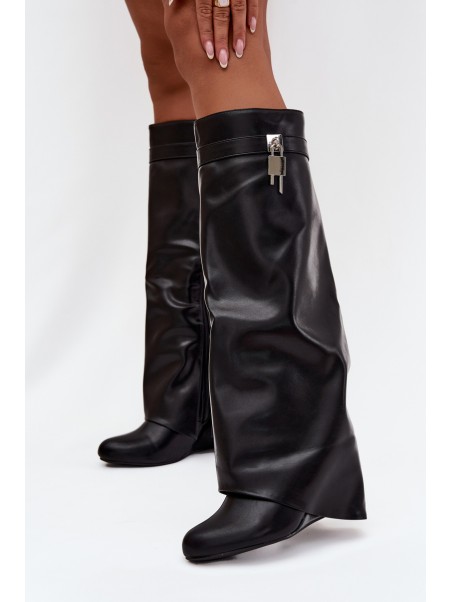 Women's Platform Boots With Strap And Silver Detail Eco Leather Black Korivelle