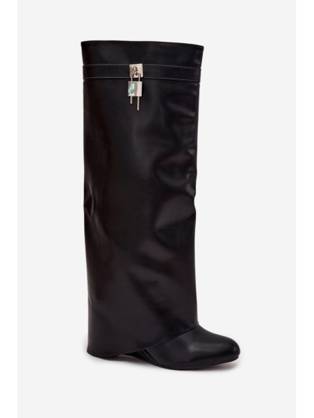Women's Platform Boots With Strap And Silver Detail Eco Leather Black Korivelle