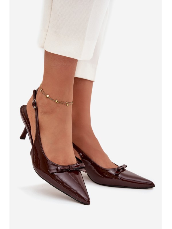 Patent leather high heels with bow chocolate Olvena
