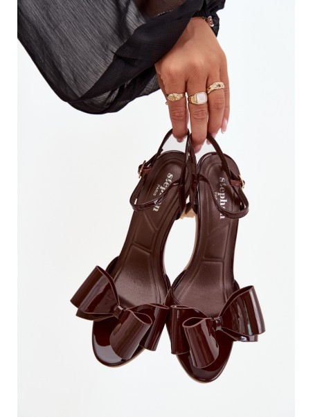 Patent leather high heel sandals with bow chocolate Noliva