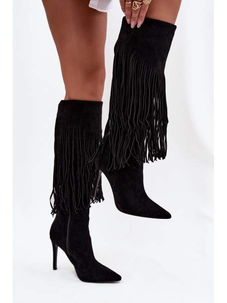 Women's High Heel Boots with Fringes Black Isalune
