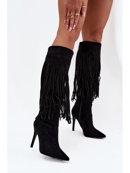 Women's High Heel Boots with Fringes Black Isalune