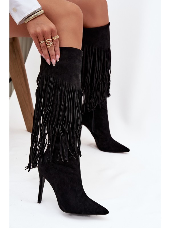 Women's High Heel Boots with Fringes Black Isalune