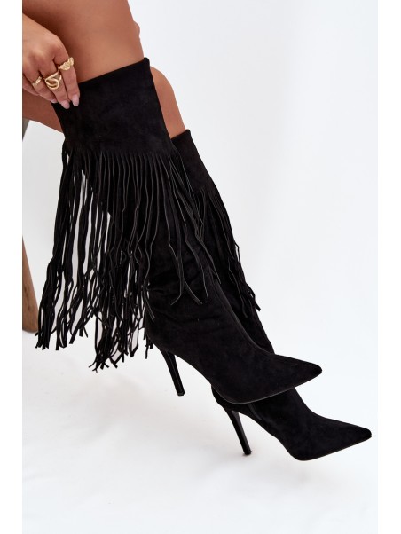 Women's High Heel Boots with Fringes Black Isalune