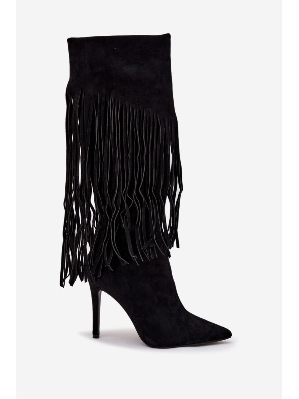 Women's High Heel Boots with Fringes Black Isalune