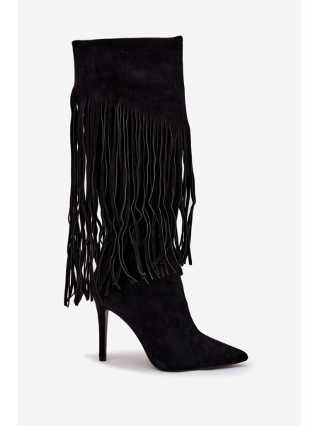 Women's High Heel Boots with Fringes Black Isalune