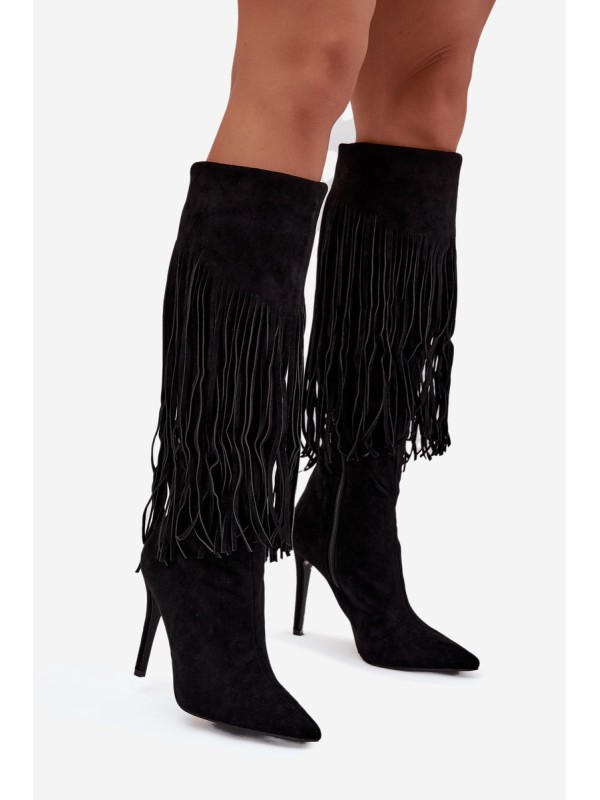 Women's High Heel Boots with Fringes Black Isalune