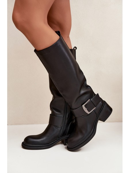 Insulated Women's Boots on Block Heel with Buckle Black Raphaela